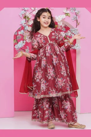 Bhama Girls Floral Printed Empire Gotta Patti Kurta with Sharara & With Dupatta