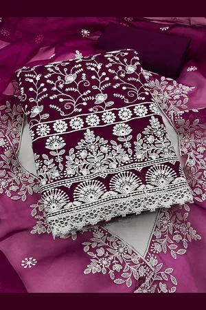 Ishin Floral Embroidered Thread Work Organza Unstitched Dress Material