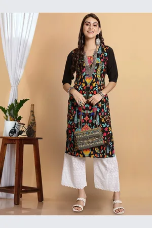 7Threads Women Geometric Printed Keyhole Neck Cold-Shoulder Sleeves Thread Work Floral Crepe Anarkali Kurta