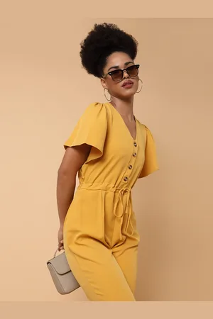 SHOWOFF Women Yellow Solid Polyester Basic Jumpsuit
