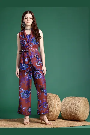 Sangria Floral Printed Shoulder Straps Top & Palazzos With Jacket