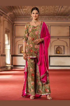 SCAKHI Floral Printed Gotta Patti Silk Crepe Straight Kurti with Sharara & With Dupatta
