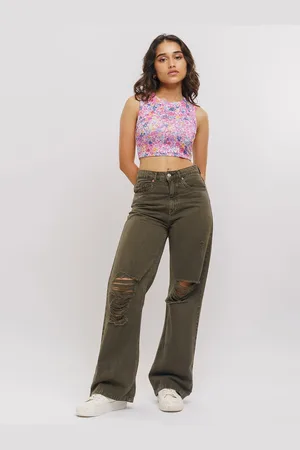 FREAKINS Women Wide Leg High-Rise Mildly Distressed Cotton Jeans
