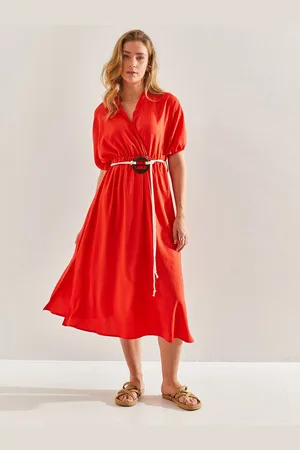 Bianco Lucci V-Neck Cotton Wrap Midi Dress