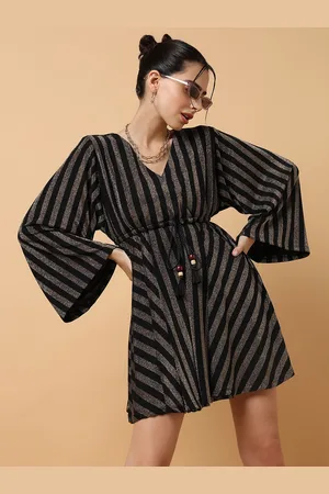 SHOWOFF Women Bronze-Toned & Black Striped Kaftan Dress