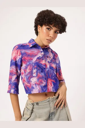 DressBerry Celestial Dance Abstract Print Chest Pocket Crop Shirt