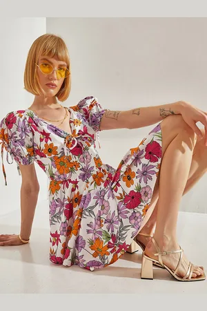 Bianco Lucci Floral Printed Puff Sleeves A-Line Dress
