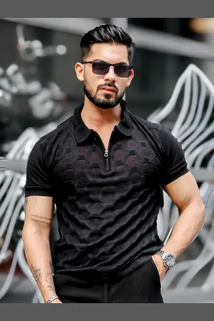 Maniac Men Self Design Polo Collar Cotton Slim Fit T-shirt
