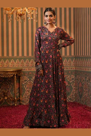 SCAKHI V-Neck Floral Printed Lace Inserts Maxi Ethnic Dresses
