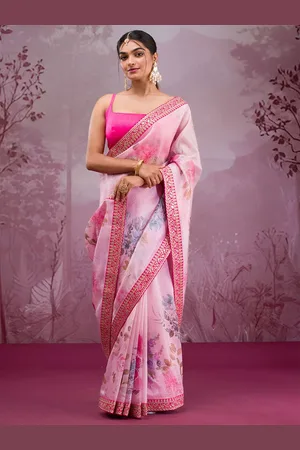 Koskii Floral Printed Pure Georgette Embellished Saree