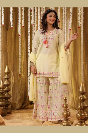 SCAKHI Floral Embroidered Pure Cotton Straight Kurta & Sharara With Dupatta
