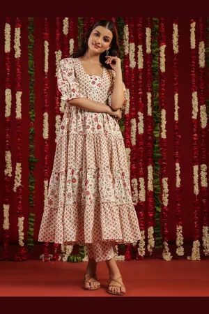 anayna White & Pink Floral Printed Tiered Pure Cotton Anarkali Kurta with Trousers
