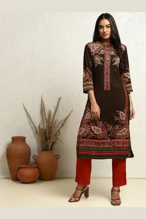Biba Floral Printed Round Neck Straight Kurta