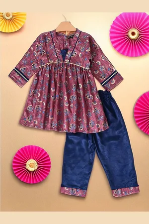 Bella Moda Girls Floral Printed A-Line Silk Crepe Kurti with Trousers