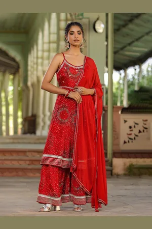 SCAKHI Bandhani Printed Panelled Gotta Patti Kurta with Sharara & Dupatta
