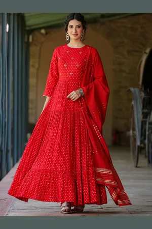 SCAKHI Embellished Cotton Jacquard Tiered Ethnic Dresses