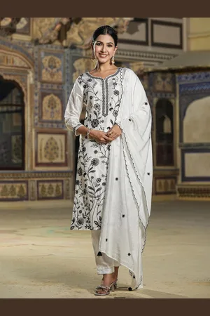 SCAKHI Floral Embroidered Straight Kurta with Trousers & Dupatta