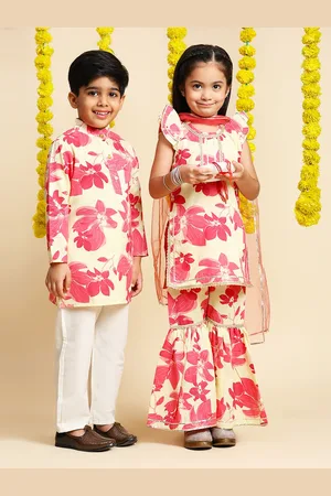 Cutiekins Girls Floral Printed Gotta Patti Pure Cotton Straight Kurti & Sharara & Dupatta