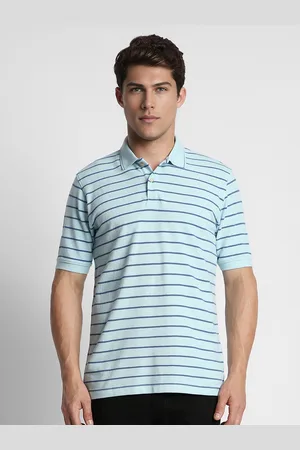 Peter England Men Blue Striped Polo Collar Slim Fit T-shirt
