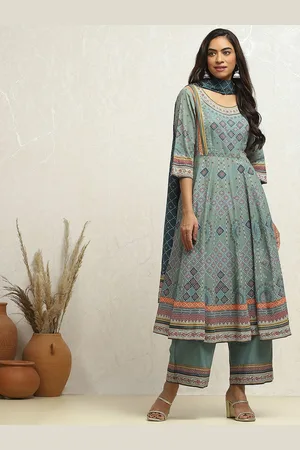 Biba Ethnic Motifs Printed Pure Cotton Anarkali Kurta With Palazzos & Dupatta