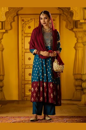 Globus Women Ethnic Motifs Printed Panelled Thread Work Kurta with Trousers