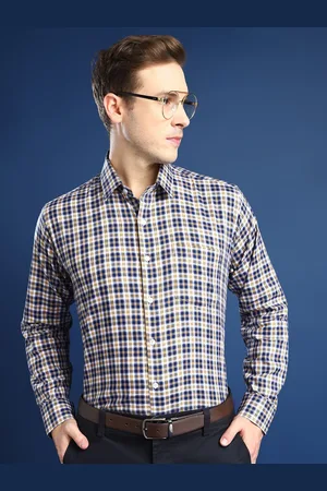 HANCOCK Men Spread Collar Windowpane Checked Cotton Slim Fit Formal Shirt