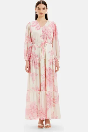 Kazo Floral Printed Puff Sleeve Satin Maxi Dress