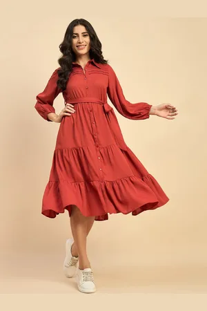Azira Puff Sleeve Tie-Up Detail Tiered Fit & Flare Midi Dress