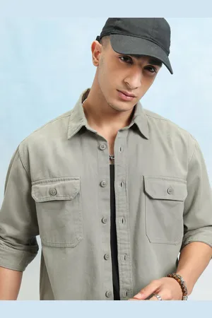Highlander Men Olive Regular Collar Long Sleeve Utility Pocket Oversized Overshirt