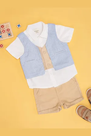 Pantaloons Boys Striped Short Sleeves Pure Cotton Shirt With Shorts With Waistcoat