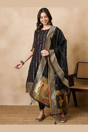RAJGRANTH Floral Woven Design jacquard Chanderi Silk Kurta With Trousers & Dupatta