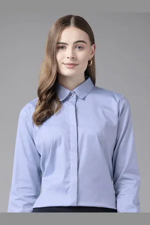 English Navy Women Spread Collar Oxford Solid Wrinkle Ressistant Formal Shirt