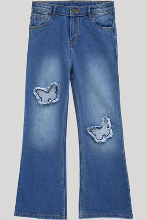 LilPicks Girls Wide Leg Mildly Distressed Light Fade Jeans