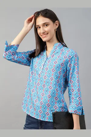 HANCOCK Women Print Mandarin Collar Ethnic Cotton Shirt Style Top