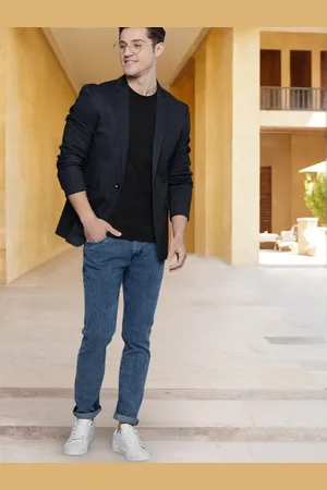 Mast & Harbour Men Navy Blue Tailored Fit Checked Single-Breasted Casual Blazer