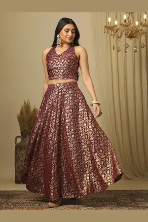 Globus Women Burgundy Brocade Floral Halter Neck Back Blouse & Flared Lehenga Co-Ords Set