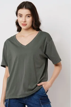 Guti Women Solid V-Neck Cotton T-shirt