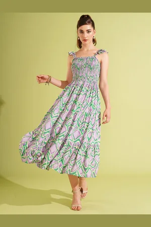 Globus Printed Smocked Fit & Flare Midi Dress