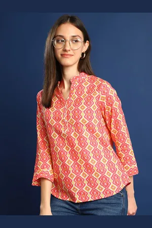 HANCOCK Women Print Mandarin Collar Ethnic Cotton Shirt Style Top