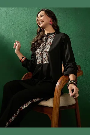 Sangria Floral Embroidered Band Collar Tunic With Trousers