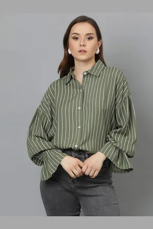 KOTTY Women Spread Collar Vertical Striped Cotton Oversized Casual Shirt