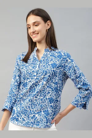 HANCOCK Women Ethnic Motifs Printed Mandarin Collar Pure Cotton Shirt Style Top