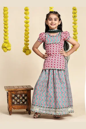 Cutiekins Girls Chevron Printed Cotton Ready to Wear Lehenga & Blouse With Dupatta