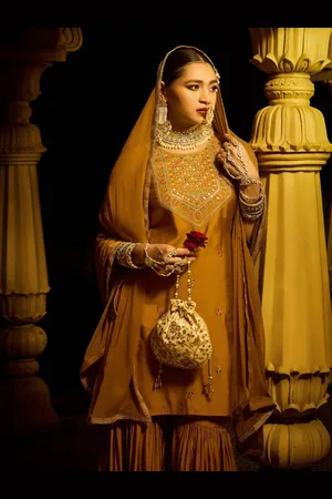Globus Floral Embroidered Sequinned Straight Kurta with Sharara & Dupatta