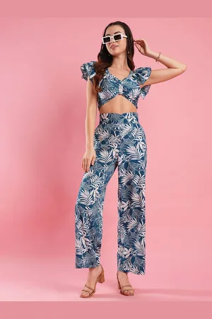 Globus Women Green Tropical Flutter Sleeves Crop Top & Flare Hem Trouser Co-Ord Set