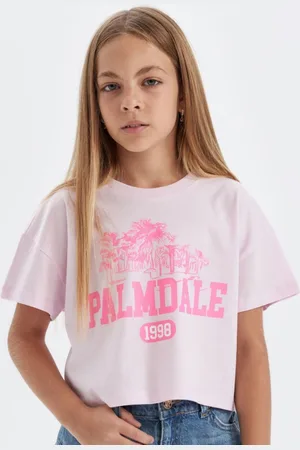 DeFacto Girls Typography Printed Round Neck Cotton T-shirt