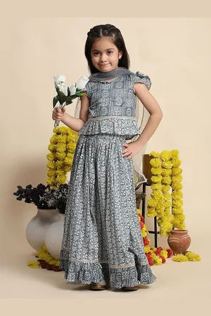 Cutiekins Girls Floral Printed Cotton Gotta Patti Ready to Wear Lehenga & Blouse & Dupatta