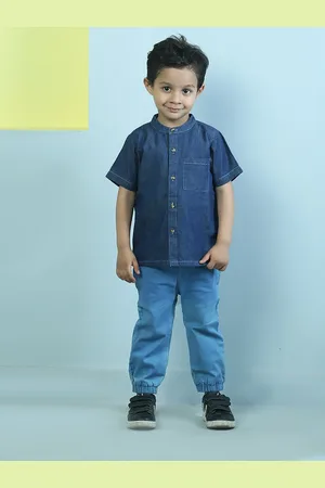 The Mom Store Boys Classic Band Collar Solid Cotton Casual Shirt