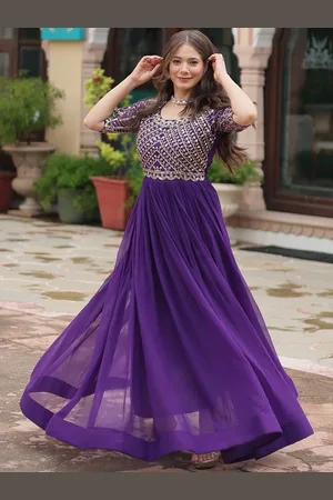 Kalini Geometric Embroidered V-Neck Georgette Maxi Gown Dress