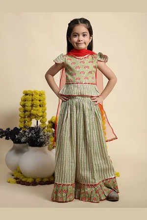 Cutiekins Girls Floral Printed Cotton Gotta Patti Ready to Wear Lehenga & Blouse & Dupatta
